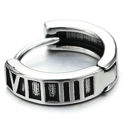 Pair Mens Womens Stainless Steel Grooved Huggie Hinged Hoop Earrings with Roman Numerals - COOLSTEELANDBEYOND Jewelry