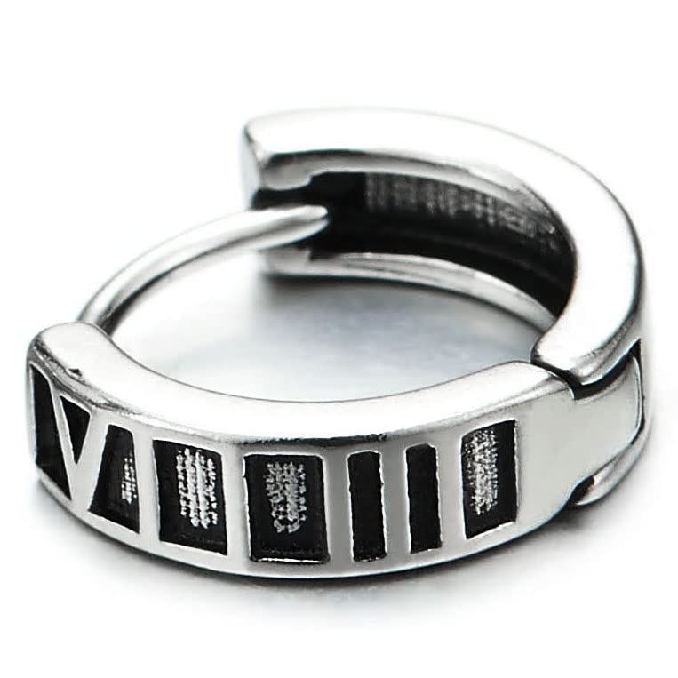 Pair Mens Womens Stainless Steel Grooved Huggie Hinged Hoop Earrings with Roman Numerals - COOLSTEELANDBEYOND Jewelry