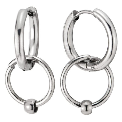 Pair Mens Womens Stainless Steel Huggie Hinged Hoop Earrings with Dangling Circle and Bead - COOLSTEELANDBEYOND Jewelry