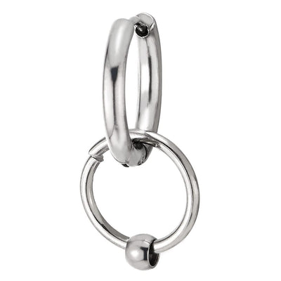 Pair Mens Womens Stainless Steel Huggie Hinged Hoop Earrings with Dangling Circle and Bead - COOLSTEELANDBEYOND Jewelry