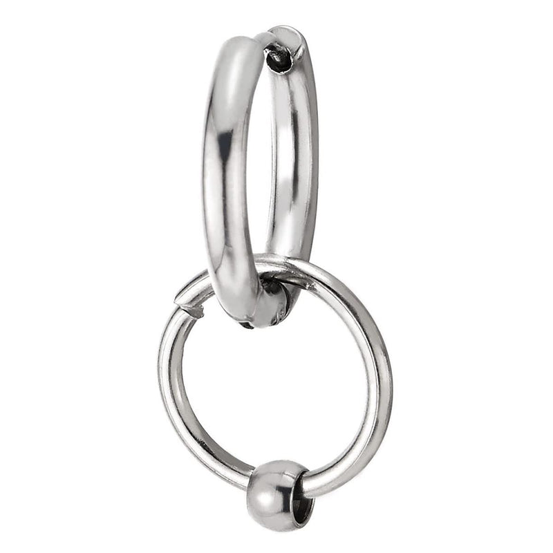 Pair Mens Womens Stainless Steel Huggie Hinged Hoop Earrings with Dangling Circle and Bead - COOLSTEELANDBEYOND Jewelry
