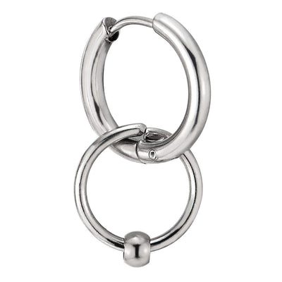 Pair Mens Womens Stainless Steel Huggie Hinged Hoop Earrings with Dangling Circle and Bead - COOLSTEELANDBEYOND Jewelry