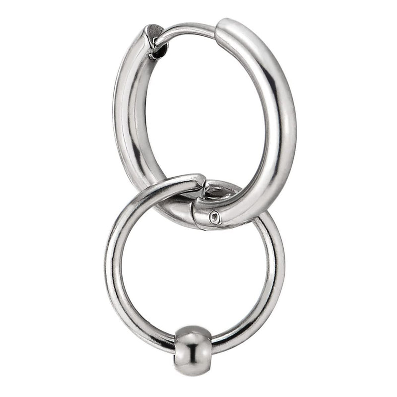 Pair Mens Womens Stainless Steel Huggie Hinged Hoop Earrings with Dangling Circle and Bead - COOLSTEELANDBEYOND Jewelry