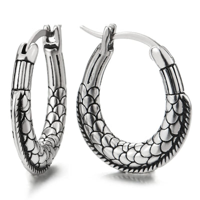 Pair Mens Womens Stainless Steel Oval Huggie Hinged Hoop Earrings with Snake Scale Pattern, Unique - COOLSTEELANDBEYOND Jewelry