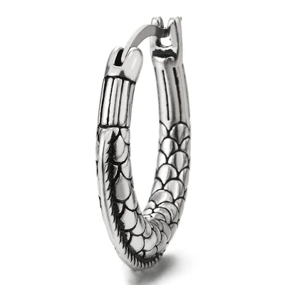 Pair Mens Womens Stainless Steel Oval Huggie Hinged Hoop Earrings with Snake Scale Pattern, Unique - COOLSTEELANDBEYOND Jewelry