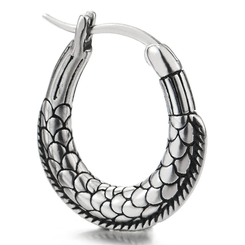 Pair Mens Womens Stainless Steel Oval Huggie Hinged Hoop Earrings with Snake Scale Pattern, Unique - COOLSTEELANDBEYOND Jewelry