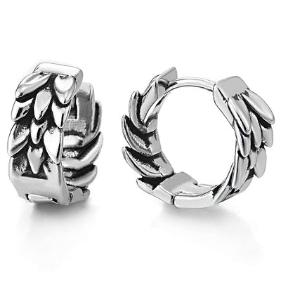 Pair Mens Womens Stainless Steel Scales Feather Wing Huggie Hinged Hoop Earrings - COOLSTEELANDBEYOND Jewelry