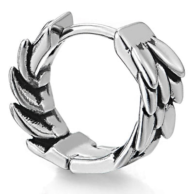Pair Mens Womens Stainless Steel Scales Feather Wing Huggie Hinged Hoop Earrings - COOLSTEELANDBEYOND Jewelry