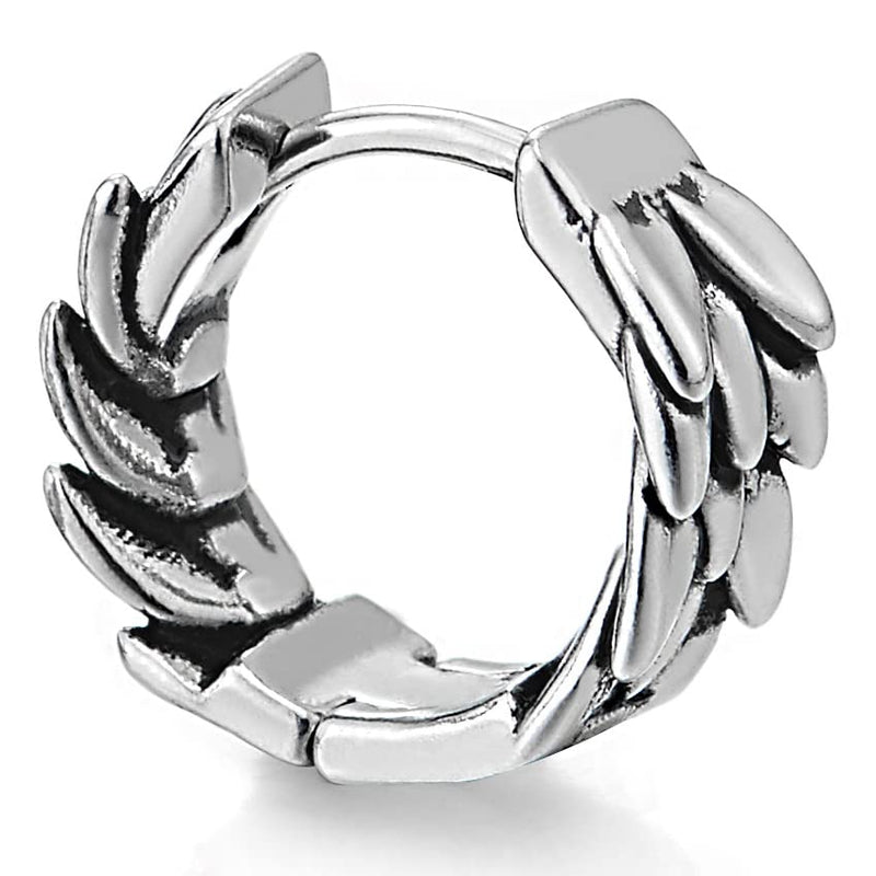 Pair Mens Womens Stainless Steel Scales Feather Wing Huggie Hinged Hoop Earrings - COOLSTEELANDBEYOND Jewelry