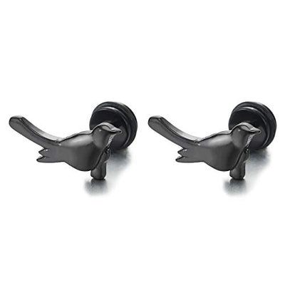 Pair Mens Womens Stainless Steel Black Bird Stud Earrings, Screw Back, New Style - coolsteelandbeyond