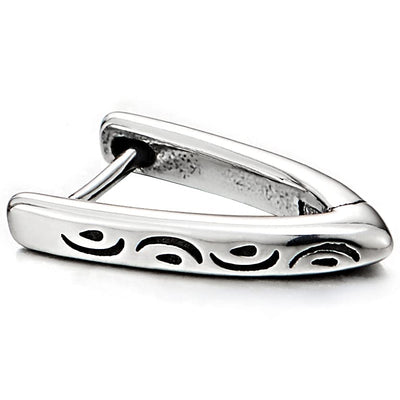 Pair Mens Womens Stainless Steel V-shape Huggie Hinged Hoop Earrings with Tribal Tattoo Pattern - COOLSTEELANDBEYOND Jewelry