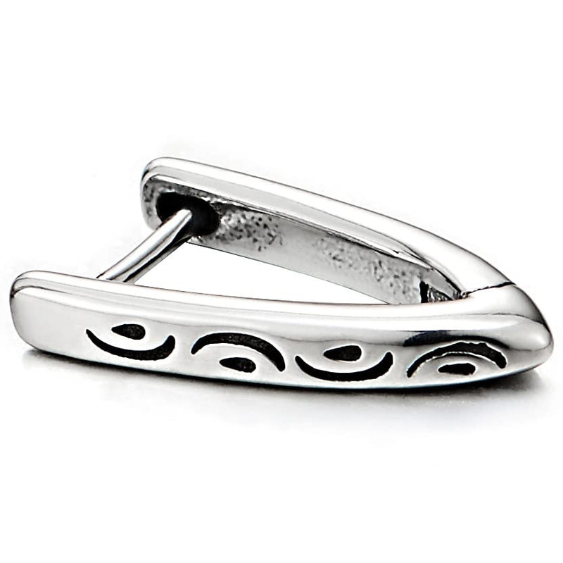Pair Mens Womens Stainless Steel V-shape Huggie Hinged Hoop Earrings with Tribal Tattoo Pattern - COOLSTEELANDBEYOND Jewelry