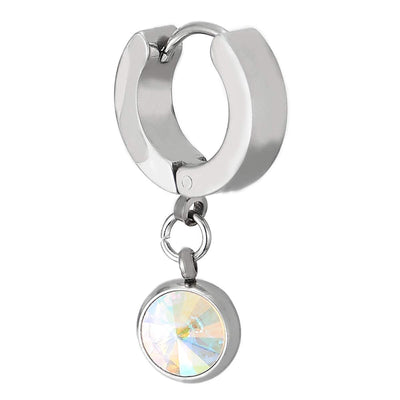 Pair Mens Womens Steel Huggie Hinged Hoop Earrings with Dangling Circle of Rainbow Spiked Crystal - COOLSTEELANDBEYOND Jewelry