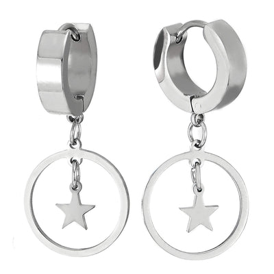 Pair Mens Womens Steel Huggie Hinged Hoop Earrings with Dangling Open Circle and Star, New Style - COOLSTEELANDBEYOND Jewelry