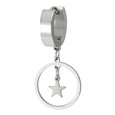 Pair Mens Womens Steel Huggie Hinged Hoop Earrings with Dangling Open Circle and Star, New Style - COOLSTEELANDBEYOND Jewelry