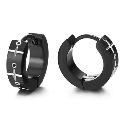 Pair Mens Womens Steel Silver Black Huggie Hinged Hoop Earrings with Cross Circle Laser Pattern - COOLSTEELANDBEYOND Jewelry