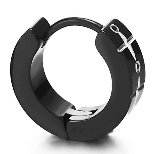 Pair Mens Womens Steel Silver Black Huggie Hinged Hoop Earrings with Cross Circle Laser Pattern - COOLSTEELANDBEYOND Jewelry