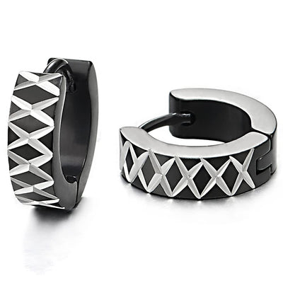 Pair Mens Womens Steel Silver Black Huggie Hinged Hoop Earrings with Cross Laser Pattern - COOLSTEELANDBEYOND Jewelry