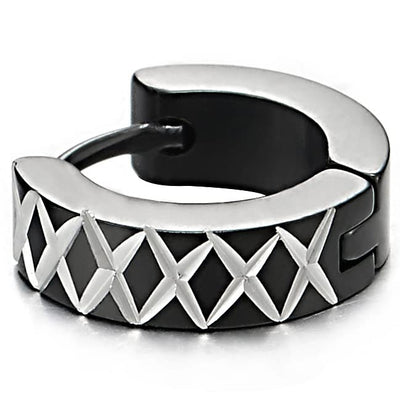 Pair Mens Womens Steel Silver Black Huggie Hinged Hoop Earrings with Cross Laser Pattern - COOLSTEELANDBEYOND Jewelry