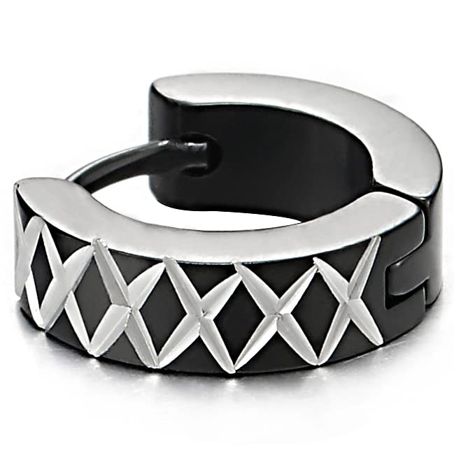 Pair Mens Womens Steel Silver Black Huggie Hinged Hoop Earrings with Cross Laser Pattern - COOLSTEELANDBEYOND Jewelry