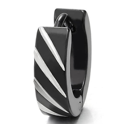 Pair Mens Womens Steel Silver Black Huggie Hinged Hoop Earrings with Twill Laser Pattern - COOLSTEELANDBEYOND Jewelry