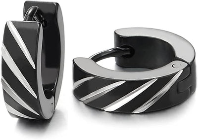 Pair Mens Womens Steel Silver Black Huggie Hinged Hoop Earrings with Twill Laser Pattern - COOLSTEELANDBEYOND Jewelry