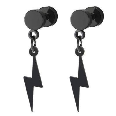 Pair of Black Barbell Circle Screw Stud Earrings with Dangling Lightning Bolt, Unisex Men Women - coolsteelandbeyond