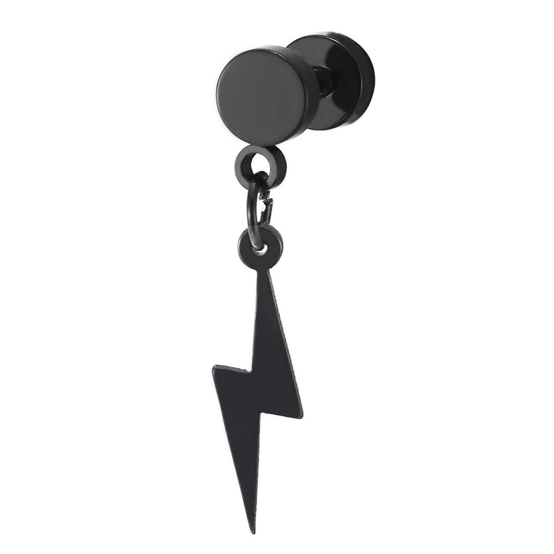 Pair of Black Barbell Circle Screw Stud Earrings with Dangling Lightning Bolt, Unisex Men Women - coolsteelandbeyond