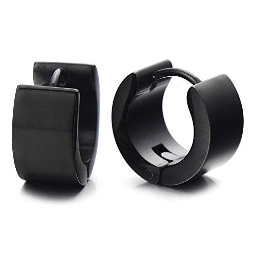 Pair of Black Huggie Hinged Hoop Earrings Unisex Men Women - coolsteelandbeyond