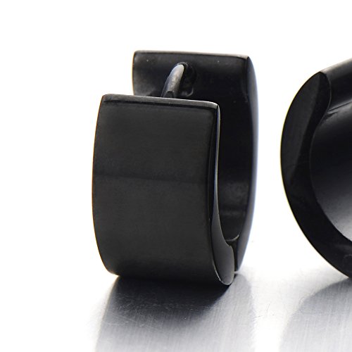 Pair of Black Huggie Hinged Hoop Earrings Unisex Men Women - coolsteelandbeyond