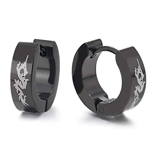 Pair Mens Steel Silver Black Huggie Hinged Hoop Earrings with Dragon Tattoo Graphic Laser Pattern - coolsteelandbeyond