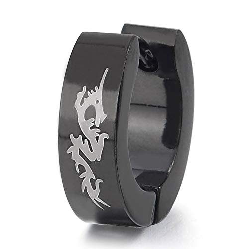 Pair Mens Steel Silver Black Huggie Hinged Hoop Earrings with Dragon Tattoo Graphic Laser Pattern - coolsteelandbeyond