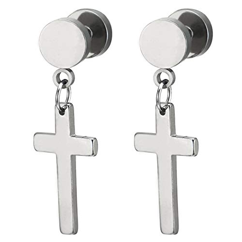 Pair of Black Screw Stud Earrings with Cross Unisex Men Women - coolsteelandbeyond