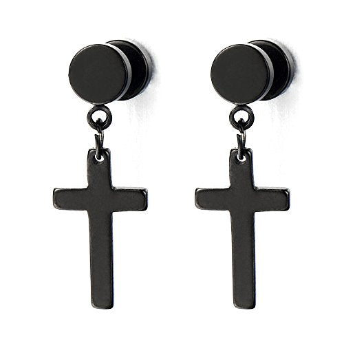 Pair of Black Screw Stud Earrings with Cross Unisex Men Women - coolsteelandbeyond