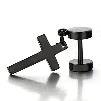 Pair of Black Screw Stud Earrings with Cross Unisex Men Women - coolsteelandbeyond