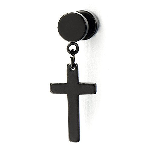 Pair of Black Screw Stud Earrings with Cross Unisex Men Women - coolsteelandbeyond