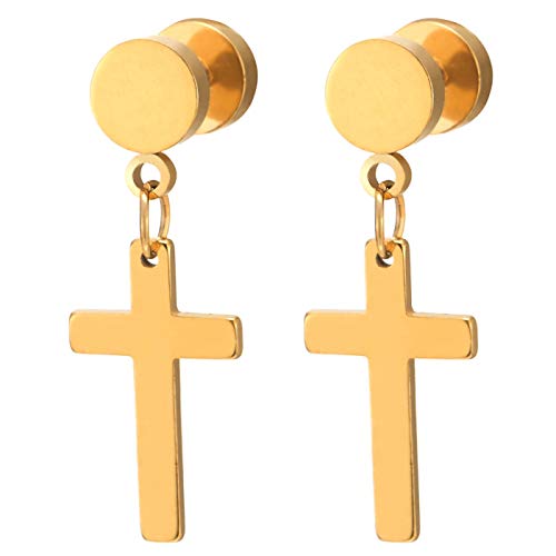 Pair of Black Screw Stud Earrings with Cross Unisex Men Women - coolsteelandbeyond