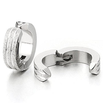 Pair of Grooved Huggie Hinged Hoop Earrings Non-piercing Clip on Earrings Men Women, Satin - COOLSTEELANDBEYOND Jewelry