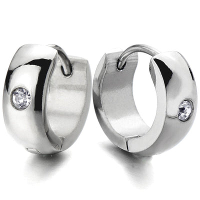Pair of Small Huggie Hinged Hoop Earrings with Cubic Zirconia Unisex Men Women - COOLSTEELANDBEYOND Jewelry