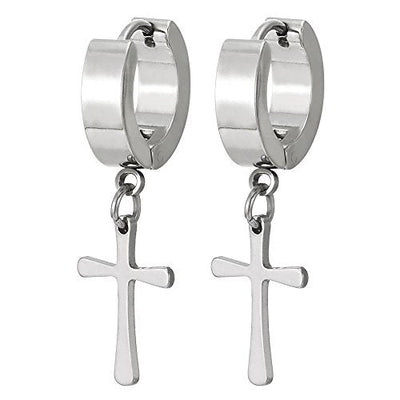 Pair of Stainless Steel Huggie Hinged Hoop Earrings with Cross Unisex Men Women - COOLSTEELANDBEYOND Jewelry
