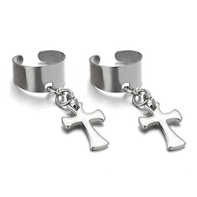 Pair of Steel Ear Cuff Ear Clip Non-piercing Clip on Earrings with Dangling Cross for Men and Women - coolsteelandbeyond