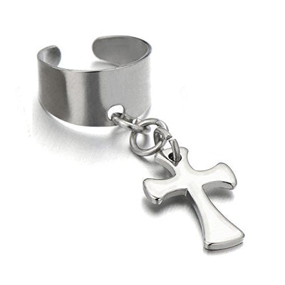 Pair of Steel Ear Cuff Ear Clip Non-piercing Clip on Earrings with Dangling Cross for Men and Women - coolsteelandbeyond