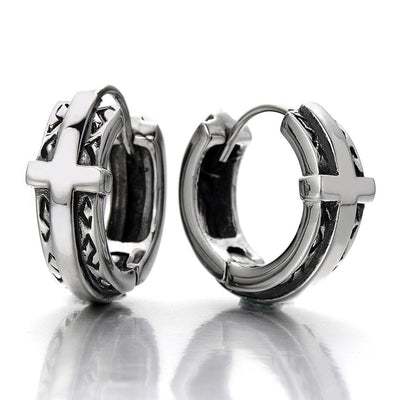 Pair of Vintage Huggie Hinged Hoop Earrings Stainless Steel with Cross Unisex Men Women - coolsteelandbeyond