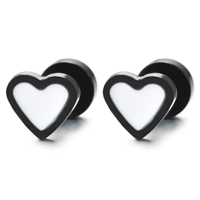 Pair of Womens Stainless Steel Black Flat Heart Stud Earrings with White Enamel, Screw Back - COOLSTEELANDBEYOND Jewelry