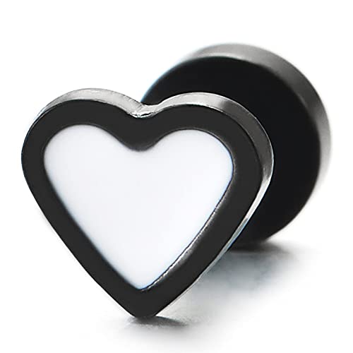 Pair of Womens Stainless Steel Black Flat Heart Stud Earrings with White Enamel, Screw Back - COOLSTEELANDBEYOND Jewelry