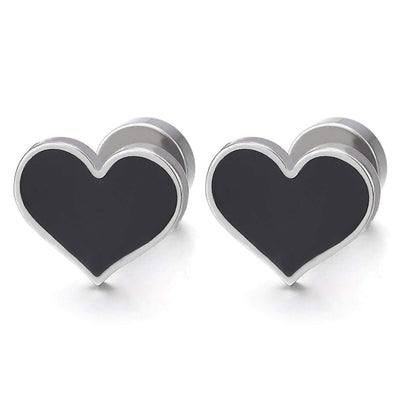 Pair of Womens Stainless Steel Flat Heart Stud Earrings with Black Enamel, Screw Back - COOLSTEELANDBEYOND Jewelry