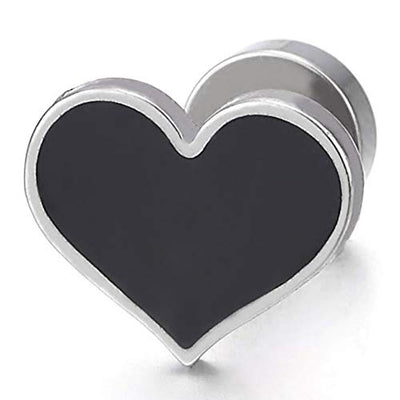 Pair of Womens Stainless Steel Flat Heart Stud Earrings with Black Enamel, Screw Back - COOLSTEELANDBEYOND Jewelry