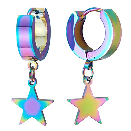 Pair Rainbow Stainless Steel Huggie Hinged Hoop Earrings with Dangling Star Pentagram, Men Women - COOLSTEELANDBEYOND Jewelry