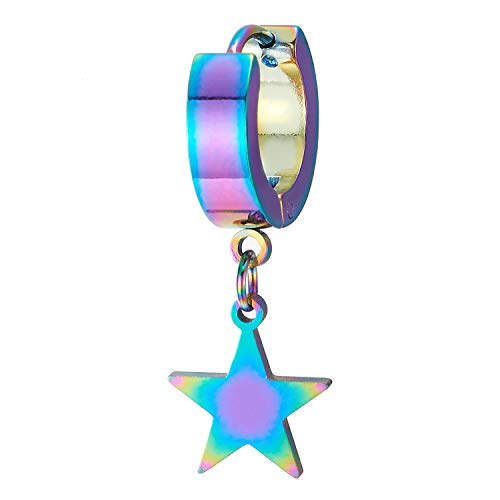 Pair Rainbow Stainless Steel Huggie Hinged Hoop Earrings with Dangling Star Pentagram, Men Women - COOLSTEELANDBEYOND Jewelry