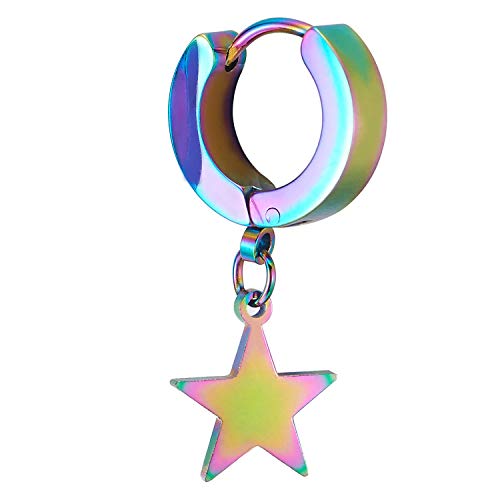 Pair Rainbow Stainless Steel Huggie Hinged Hoop Earrings with Dangling Star Pentagram, Men Women - COOLSTEELANDBEYOND Jewelry